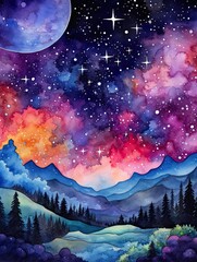 Cosmic Galaxy Watercolors: Vibrant Landscape of a Colorful Universe