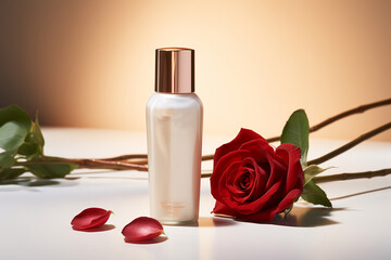 A cosmetic bottle product for skin care mockup. Natural ingredients, red rose. natural cosmetics. AI