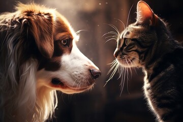 Intimate Moment Between Dog and Cat Illuminated by Warm Light