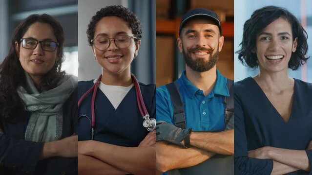 Split Screen Collage of Four Diverse Workers Pose for Portaits with Crossing Arms. Multiethnic Professionals at Work. Medicine, Logistics, Business, Entrepreneurship. Vertical Multi Screen Montage.