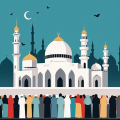 Obraz premium mosque panorama, view of the mosque during the fasting month or view of the mosque in the afternoon. sunset mosque. mosque wallpaper ramadan. mosque panorama crowds of Muslims heading to the mosque
