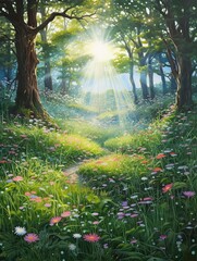 Fototapeta premium Enchanted Woodland Fairy Designs: Meadow Painting of Fairies in Open Fields