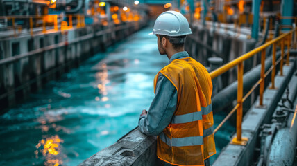 A dam engineering doing his checking routine. He is wearing a white hard hat and yellow transparent vest. He is standing by the rail by the dam. generative ai.