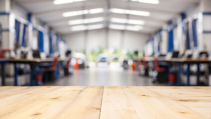 Empty wood table with car service center auto repair workshop blurred background - obrazy, fototapety, plakaty