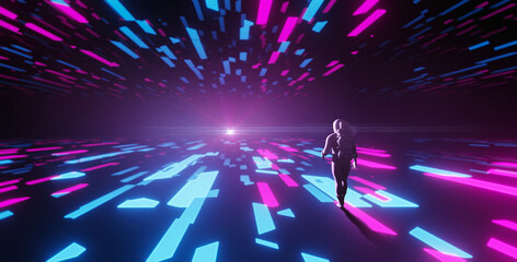 Astronaut walking in purple and blue line tunnel with light. Fantasy glowing backdrop, 3D rendering