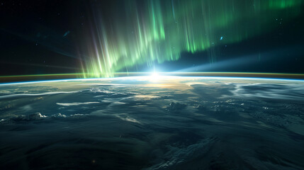 Aurora Borealis over the Earth while the Sun is rising on the horizon