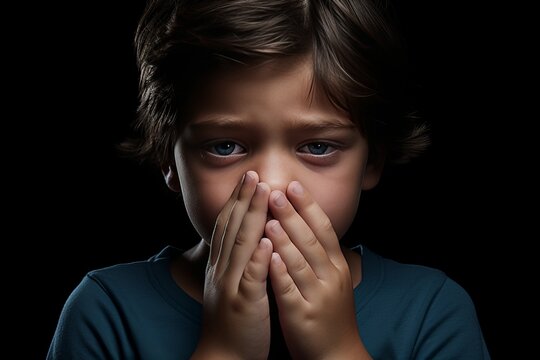 Young boy blowing his nose into a tissue due to seasonal allergies or cold, healthcare concept