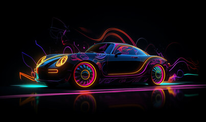 Obraz na płótnie Canvas neon car in black background minimalism style