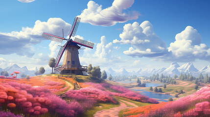 a windmill stands in the middle of a pink garden, in the style of zbrush, anime art, i can't...