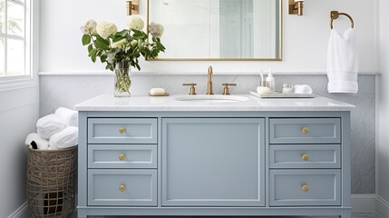 The soft pastel color on this bathroom vanity brings a touch of modern beach house interior design to this space. house beautifully it pairs with the brass faucet and fixtures home design ideas