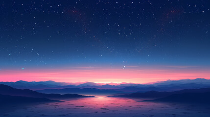 Fototapeta premium Colorful Twilight: A breathtaking scene featuring a vibrant sunset over the sea, with a stunning blend of orange, red, and blue hues, framed by the silhouette of majestic mountains and a sky adorned w