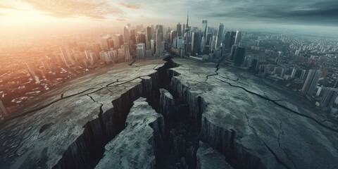 Dramatic of a large crack city in the world formed by the earth - obrazy, fototapety, plakaty