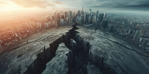 Fotobehang Dramatic of a large crack city in the world formed by the earth © Attasit