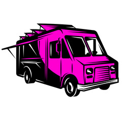 Pink bus rebuilt as a food truck. Working, advertising look. Vector color illustration