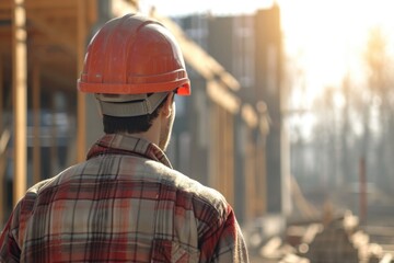 Male construction worker in helmet at construction site