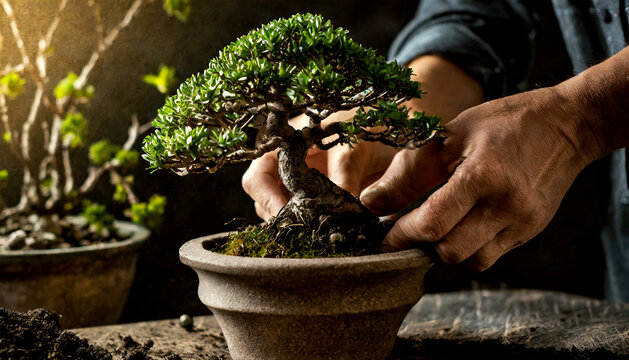 Close-up of two wrinkled hands of a gardener, taking care of an old bonsai tree. Generative Ai. - Powered by Adobe