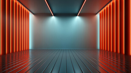 3d rendering of an empty room with neon lights and shadow on the wall. Generative AI