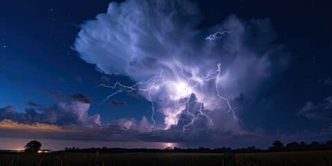 Lightning streak from a thunderstorm cloud at night