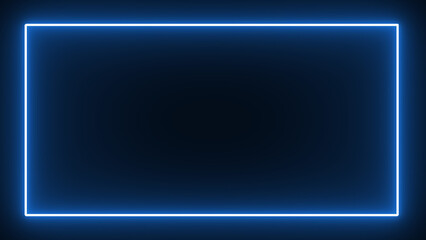 Square shaped of the blue glowing frame. Shining , blank, neo border sign.