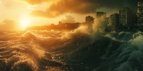 Foto op Plexiglas Tsunami hit the seaside city thunderstorms passing through some cityside at sunset © Attasit