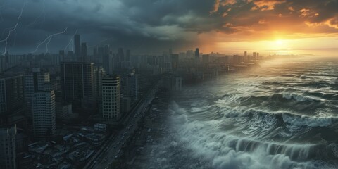 Tsunami hit the seaside city thunderstorms passing through some cityside at sunset