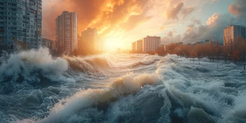  Tsunami hit the seaside city thunderstorms passing through some cityside at sunset © Attasit