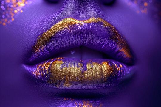 The photo highlights the opulent allure of a woman's gold lips set against her ethereal purple skin, creating a harmonious blend of extravagance and mystique.