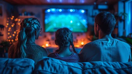 Foto op Plexiglas Caucasian family watching tv with football match on screen. Global sport concept, digital composite image, generative ai © LomaPari2021