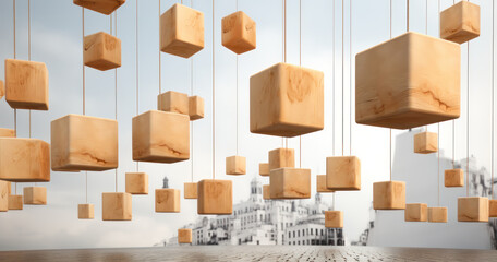Wooden blocks hanging on a rope, symbolizing that every company is made up of individuals – the building blocks of the whole, generative AI
