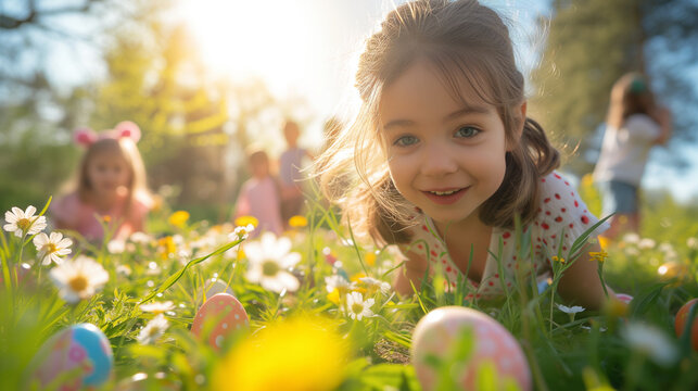 Excitement and joy fill the air as children eagerly engage in an Easter egg hunt, their laughter and creating a vibrant scene of youthful delight against a backdrop of springtime beauty.