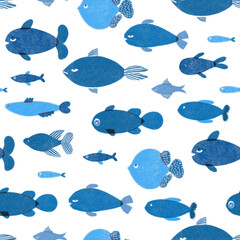 Indigo Watercolor fishes on the white background. Seamlessly tiling fish pattern. High quality photo - 720099303