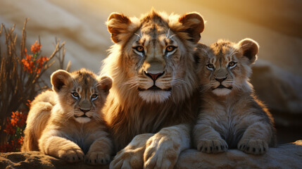 A wallpaper with a lioness and two lion cubs in the African prairie, generative AI