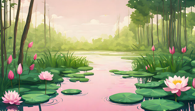 Water lilies on lake surface illustration, A pond with water lilies and leaves, Cartoon vector jungle wetland scenery, pond with pink lotus flowers and leaf, Beautiful nature river landscape
