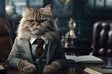 A cat in a business suit symbolizes cunning and resourcefulness in business, generative AI