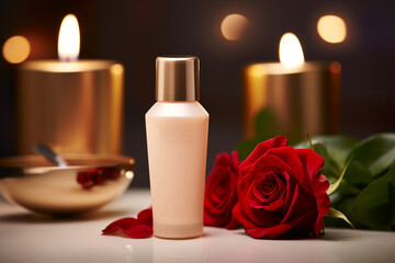 A cosmetic bottle product for skin care mockup. Natural ingredients, red rose. natural cosmetics. AI