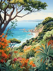Fototapeta na wymiar Mediterranean Serenity: Tree Line Artwork and Coastal Flora along the Scenic Mediterranean Sea Views