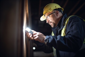 inspector with flashlight checking container seals