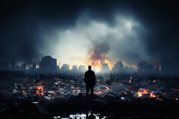 Silhouette of a man standing in the middle of a burning city - obrazy, fototapety, plakaty