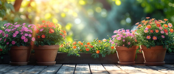 Gardening background with flowerpots in sunny spring or summer garden, generative ai - obrazy, fototapety, plakaty