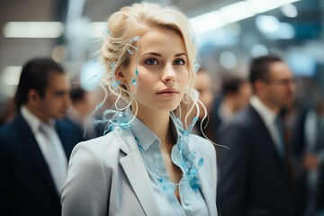 portrait of young businesswoman in modern office with colleagues in background