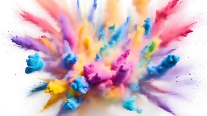 Multicolored explosion of rainbow holi powder paint isolated on white background.