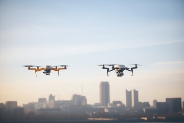 close race between drones with city skyline backdrop