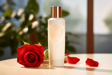 A cosmetic bottle product for skin care mockup. Natural ingredients, red rose. natural cosmetics. AI