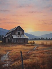 Modern Rustic Barnhouse Twilight: Rolling Hills Art of Dawn in a Barn Painting