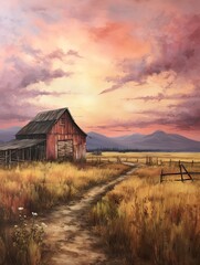Modern Rustic Barnhouse: Twilight Barn, Dawn Painting, Rolling Hills Art