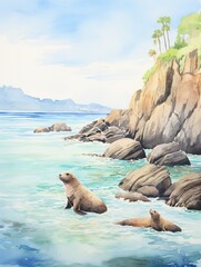 Fototapeta premium Mountain Wildlife Watercolors: Coastal Wildlife Seascape Art Print at the Beach