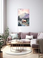 Mountain Wildlife Watercolors Canvas Print: Majestic Forest Wall Art, Nature Artwork