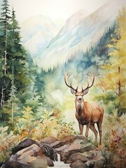 Mountain Wildlife Watercolors: A Contemporary Landscape in Modern Style with Captivating Mountain Fauna