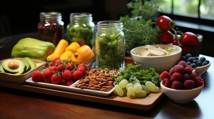 Assortment of healthy foods on a dark table.