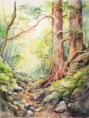 Fototapeta premium Mountain Wildlife Watercolor Canvas Print - Forest Wall Art D�cor, Nature Artwork for Home